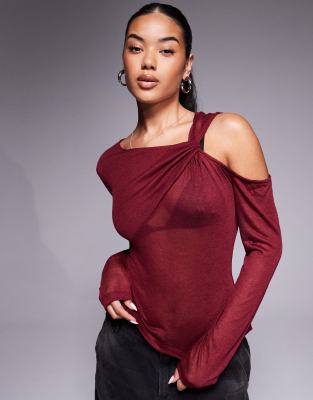 Asos Design Twist Shoulder Semi Sheer Long Sleeve Top In Brown