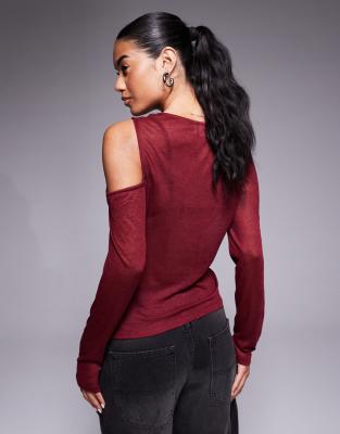 Asos Design Twist Shoulder Semi Sheer Long Sleeve Top In Brown