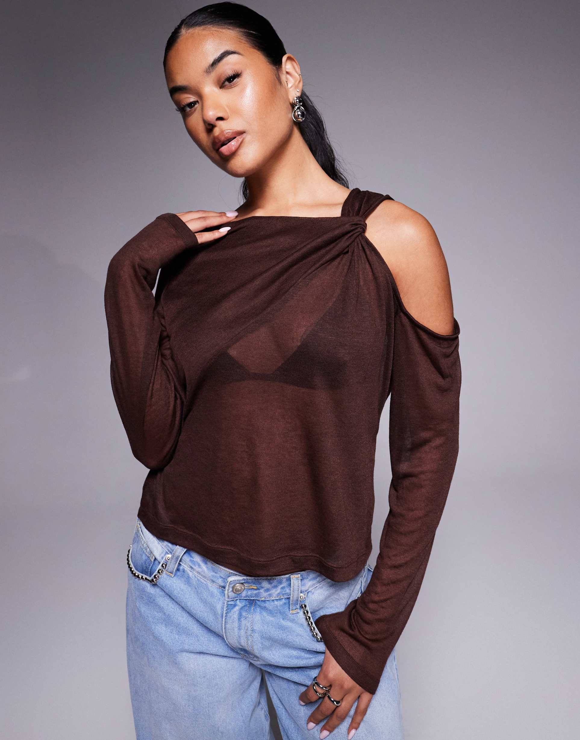 asos design twist shoulder semi sheer long sleeve top in chocolate