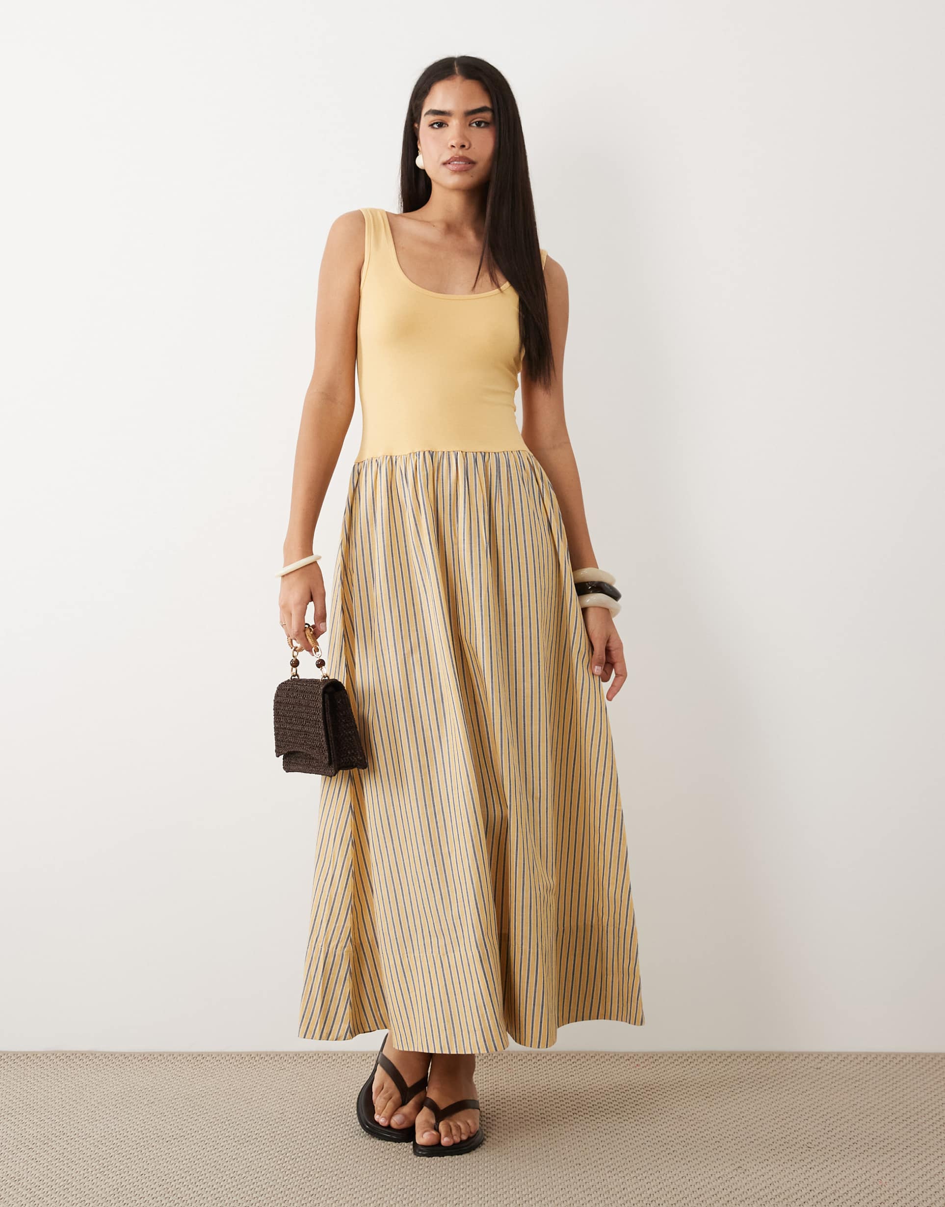 asos design twist shoulder stripe skirt midi dress in buttermilk