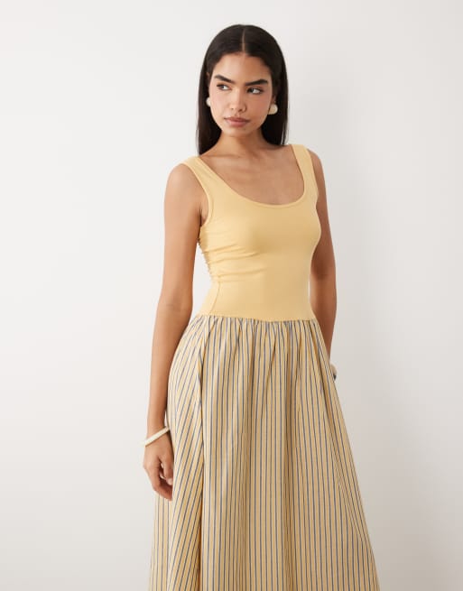 ASOS DESIGN twist shoulder stripe skirt midi dress in buttermilk, 4 of 4
