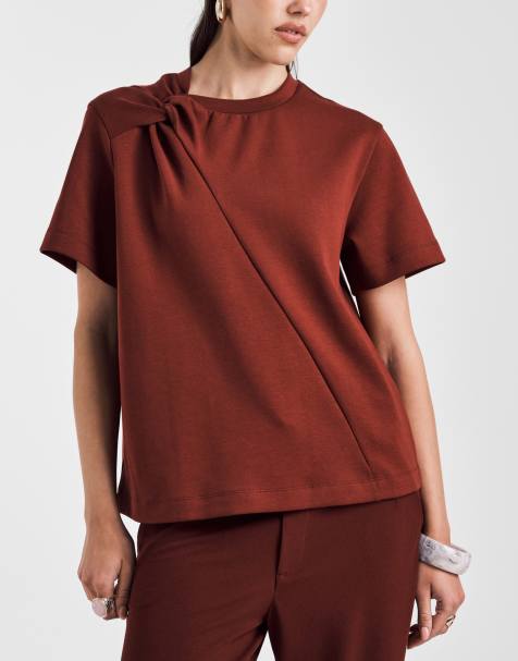 ASOS DESIGN twist shoulder t-shirt in dark cherry - view 1