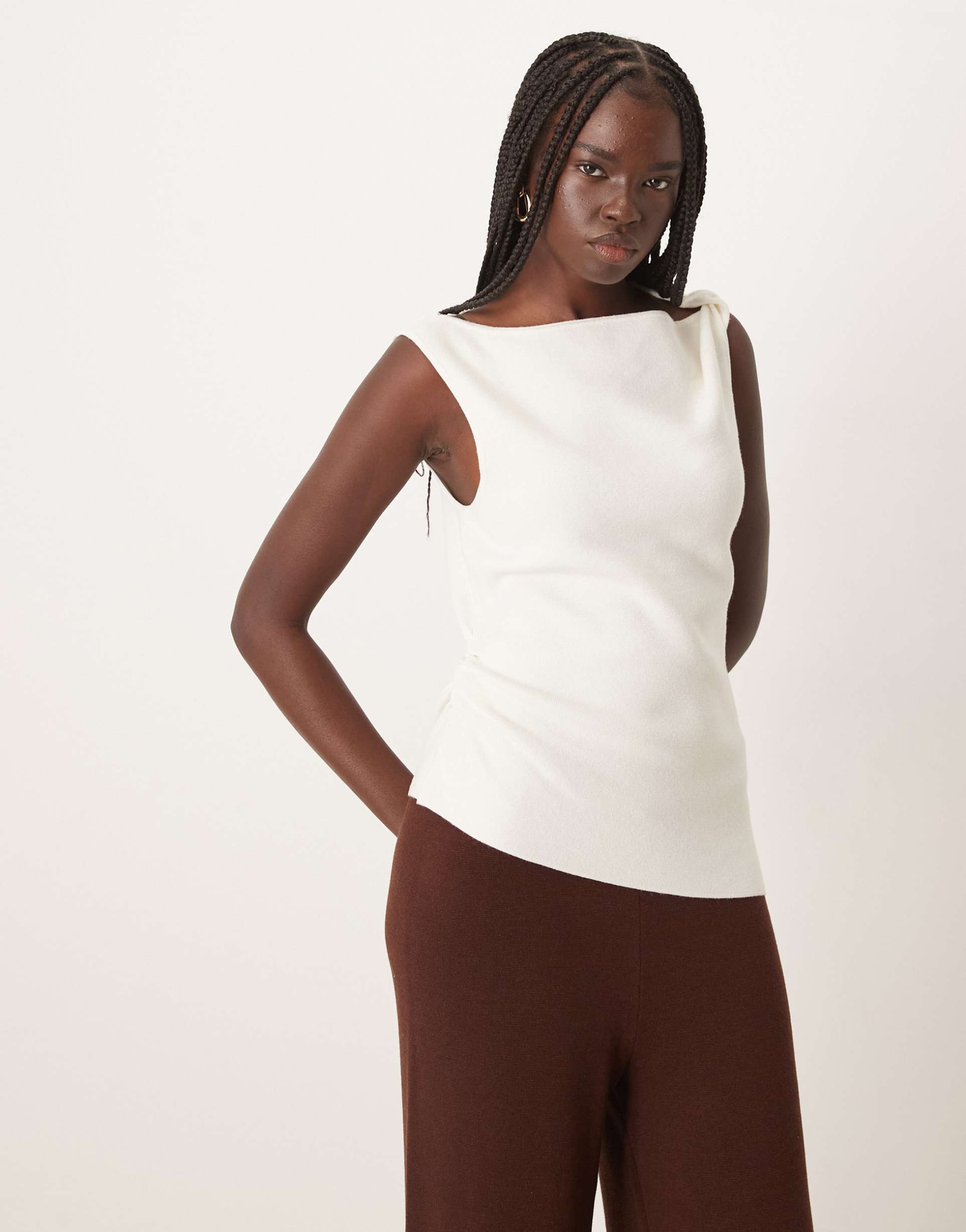 asos design twist shoulder top in cream