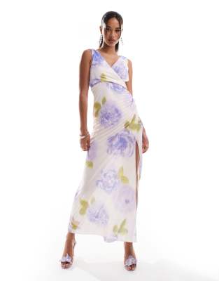 ASOS DESIGN twist shoulder v-neck pleated maxi dress in lilac floral print-Multi