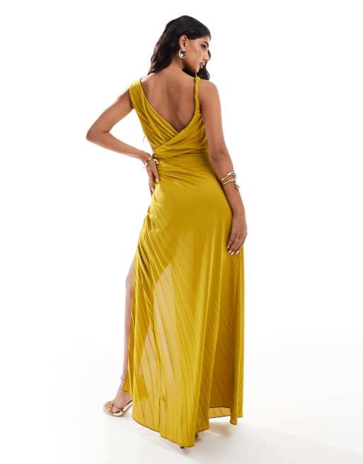 ASOS DESIGN twist shoulder v neck pleated maxi dress in mustard yellow