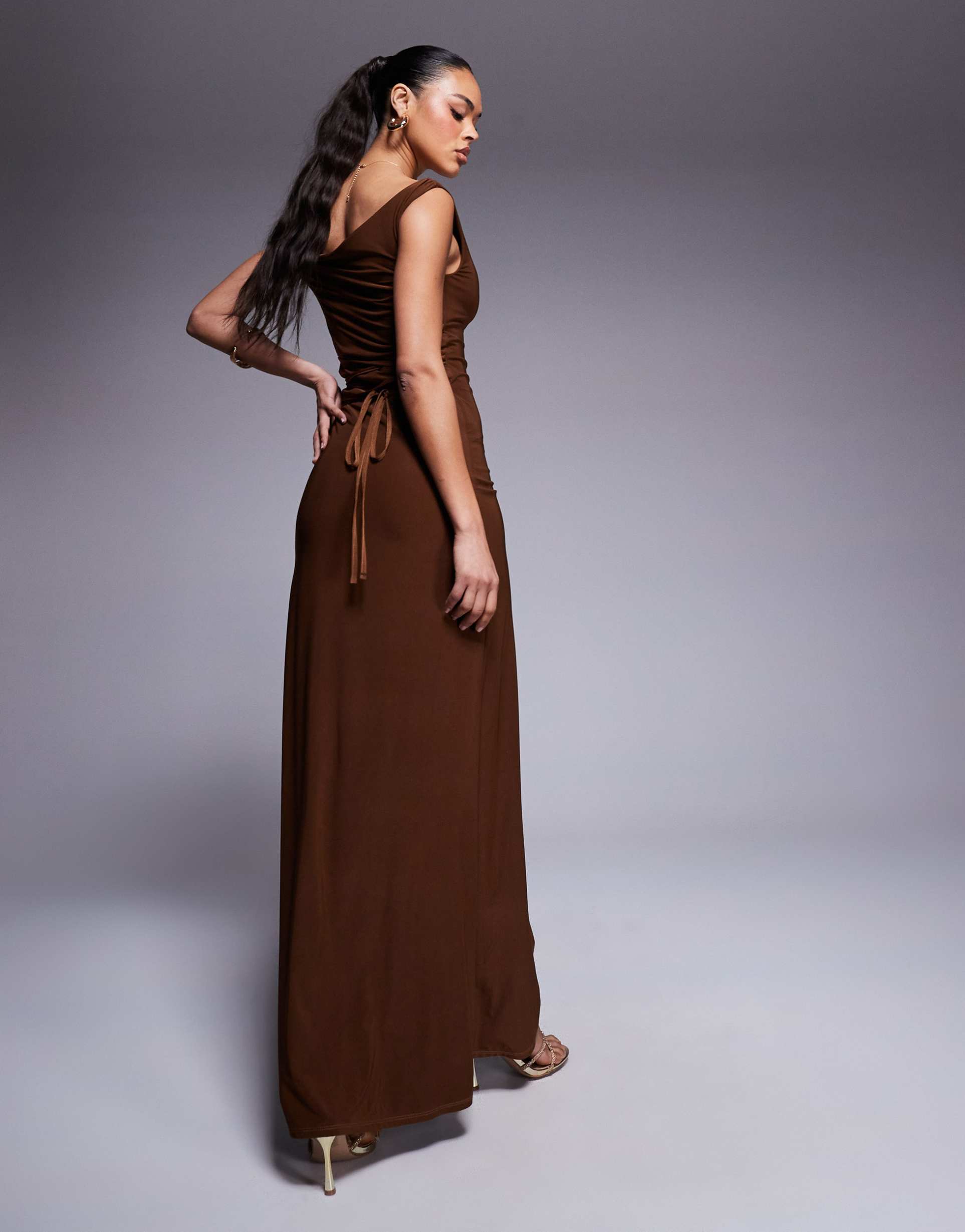 asos design twist shoulder with lace up back maxi dress in bronze