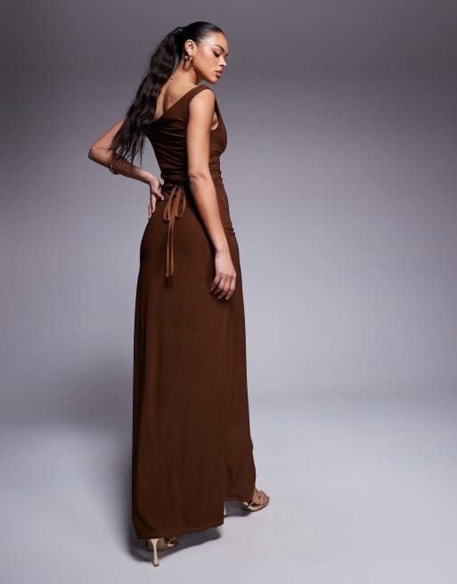 ASOS DESIGN twist shoulder with lace up back maxi dress in bronze