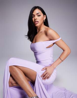 Asos Design Twist Shoulder With Lace Up Back Maxi Dress In Purple