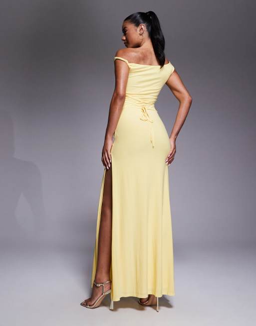 ASOS DESIGN twisted shoulder maxi dress with lace up back in yellow