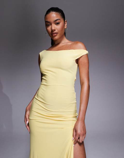ASOS DESIGN twisted shoulder maxi dress with lace up back in yellow