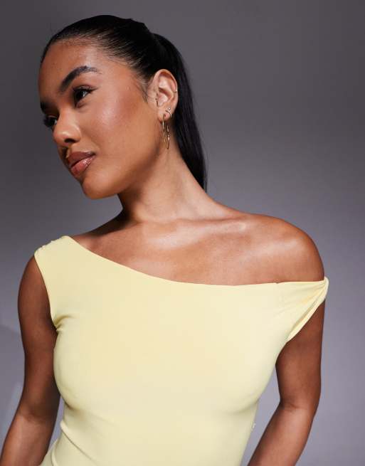 ASOS DESIGN twisted shoulder maxi dress with lace up back in yellow