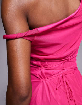 Asos Design Twist Shoulder With Lace Up Back Mesh Maxi Dress In Pink