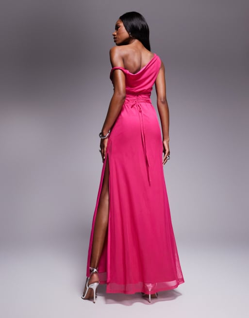 ASOS DESIGN twist shoulder with lace up back mesh maxi dress in pink