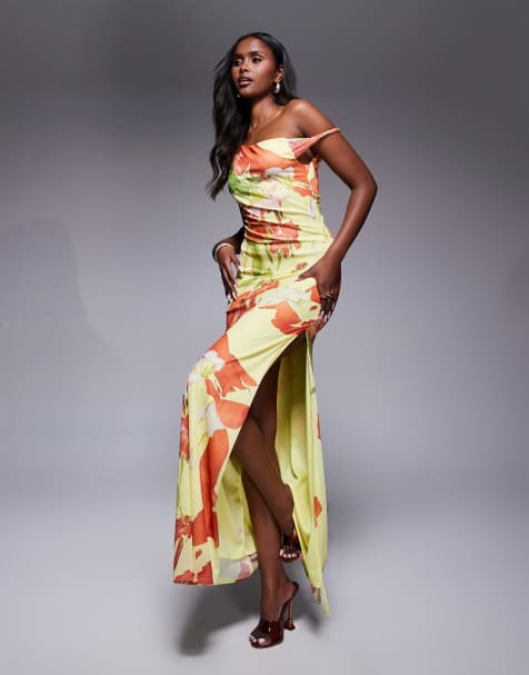 ASOS DESIGN twist shoulder with lace up back mesh maxi dress in yellow and orange floral print - view 1