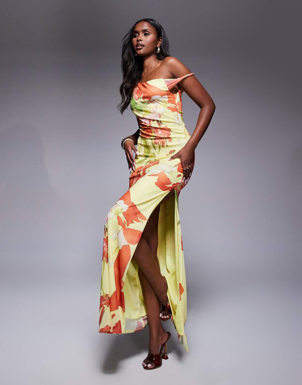 ASOS DESIGN twist shoulder with lace up back mesh maxi dress in yellow and orange floral print