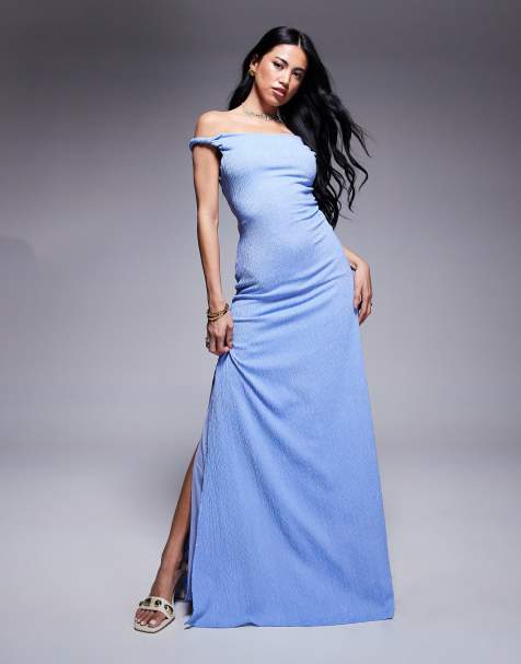 ASOS DESIGN twist shoulder with lace up back textured fabric maxi dress in blue - view 1