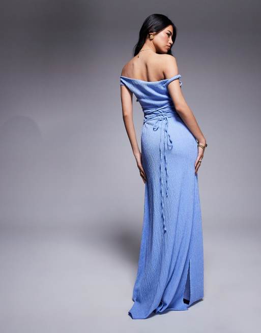 ASOS DESIGN twist shoulder textured fabric maxi dress with lace up back in blue