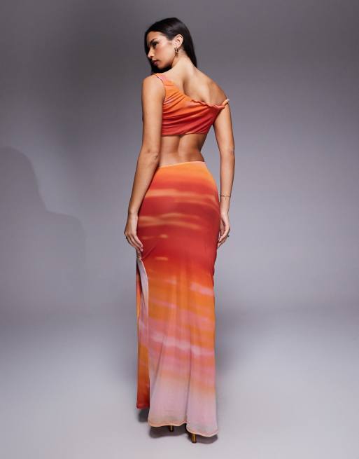 ASOS DESIGN twist shoulder with twisted sash mesh faux ord maxi dress in orange print , 4 of 4