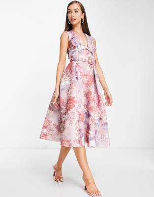 ASOS DESIGN twist square neck belted prom skater midi dress in floral print-Multi