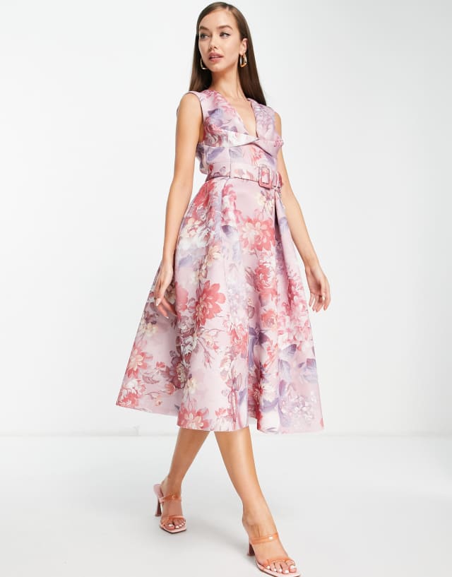 ASOS DESIGN twist square neck belted prom skater midi dress in floral print