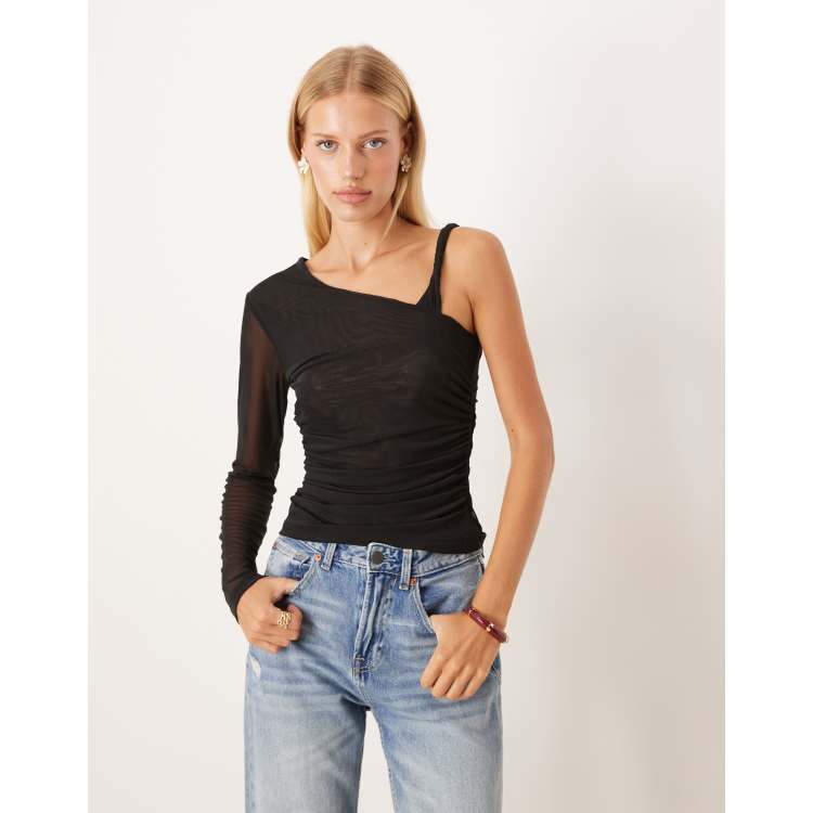 ASOS DESIGN twist strap asymmetric mesh top in black | ASOS