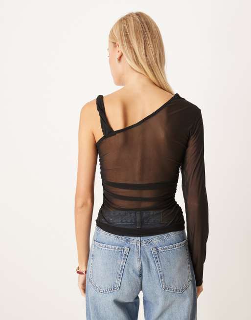 ASOS DESIGN twist strap asymmetric mesh top in black | ASOS