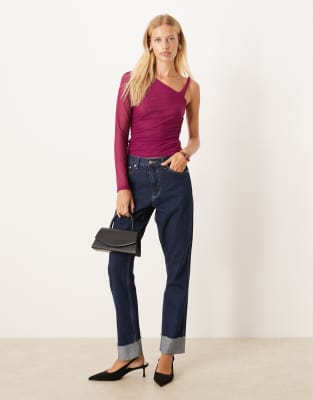 Asos Design Twist Strap Asymmetric Mesh Top In Purple
