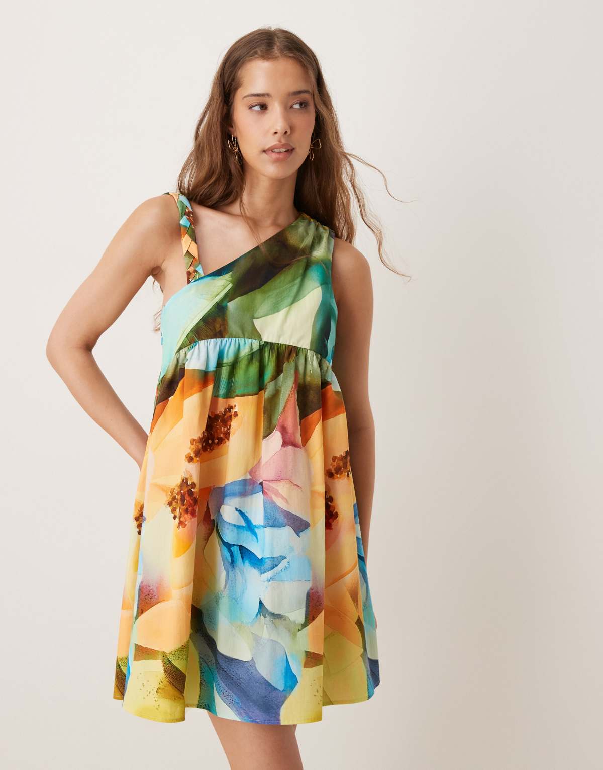 ASOS DESIGN twist strap asymmetric mini dress in fruit print