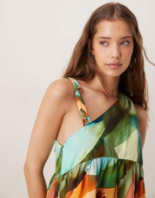 Asos Design Twist Strap Asymmetric Mini Dress In Multi