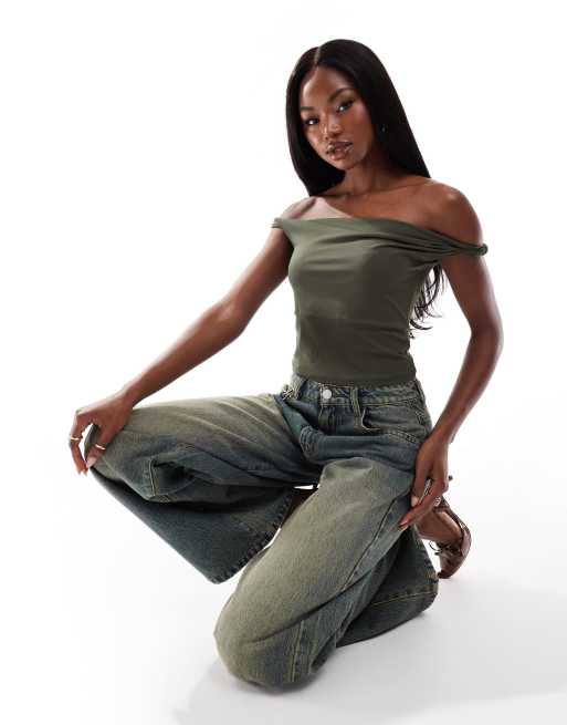 ASOS DESIGN twist strap bardot top in khaki ASOS