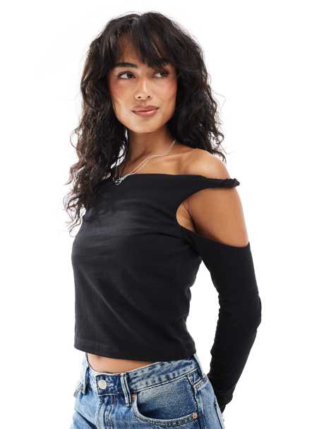 ASOS DESIGN twist strap cold shoulder long sleeve top in black - view 1