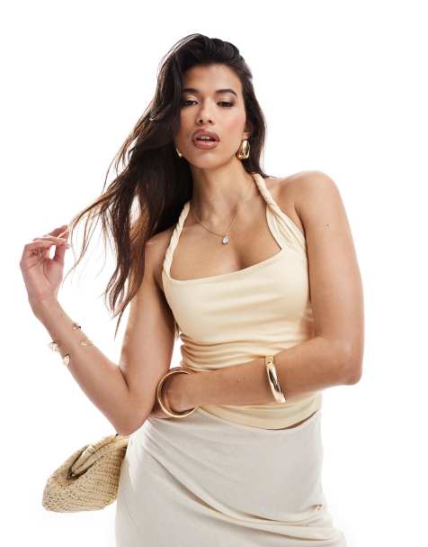 ASOS DESIGN twist strap halter top in neutral - view 1