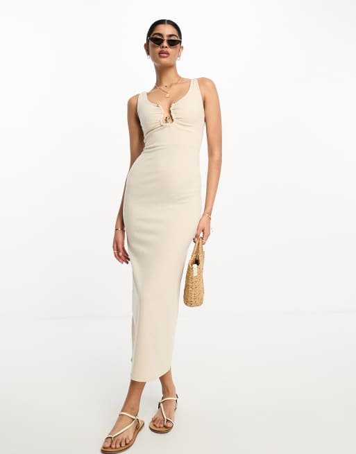 ASOS DESIGN rib twist plunge midi dress in stone