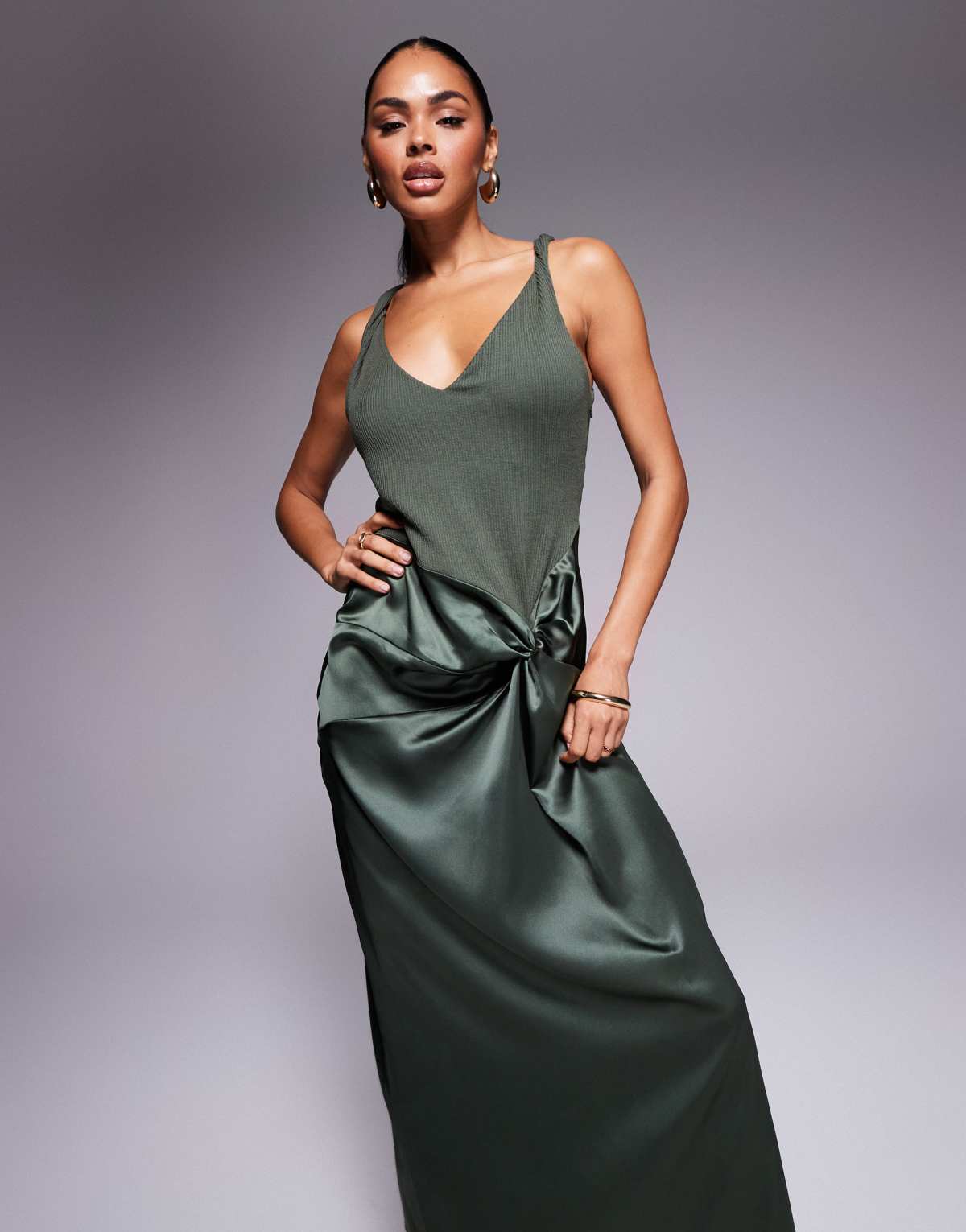 ASOS DESIGN twist strap ribbed midi dress with satin knot skirt in khaki