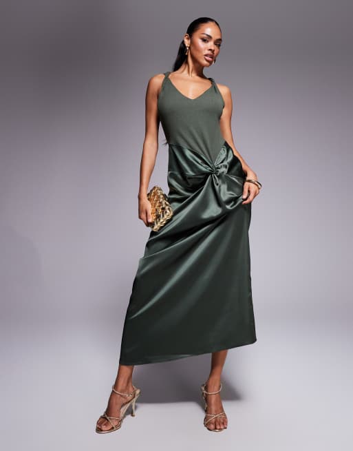 ASOS DESIGN twist strap ribbed midi dress with satin knot skirt in khaki, 2 of 4