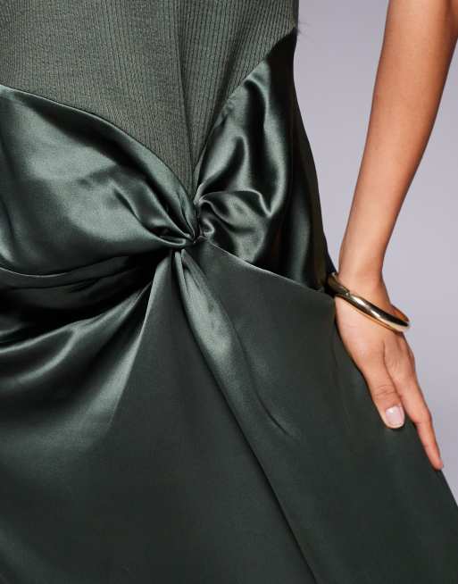 ASOS DESIGN twist strap ribbed midi dress with satin knot skirt in khaki, 3 of 4