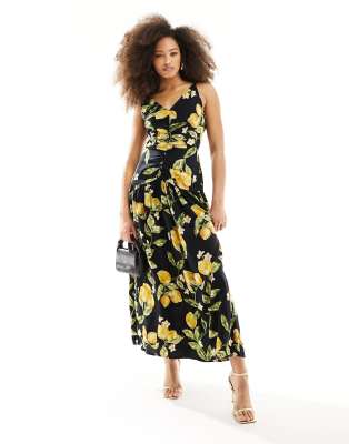 Asos Design Twist Strap Ruched Bodice Midi Dress In Lemon Print-multi