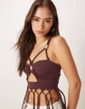 [ASOS DESIGN] ASOS DESIGN twist strap ruched front fringed cami top in berry-Purple 8 Berry