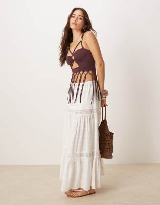Asos Design Twist Strap Ruched Front Fringed Cami Top In Brown