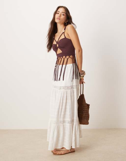 ASOS DESIGN twist strap ruched front fringed cami top in berry, 2 of 4
