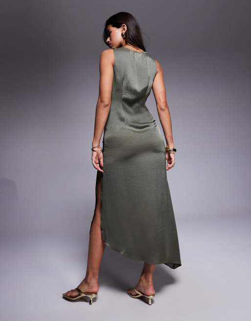martin grant gathered drop waist silk midi dress Abby Cami Strap Gathered Bust Front Split Midi Dress Chocolate main image 1