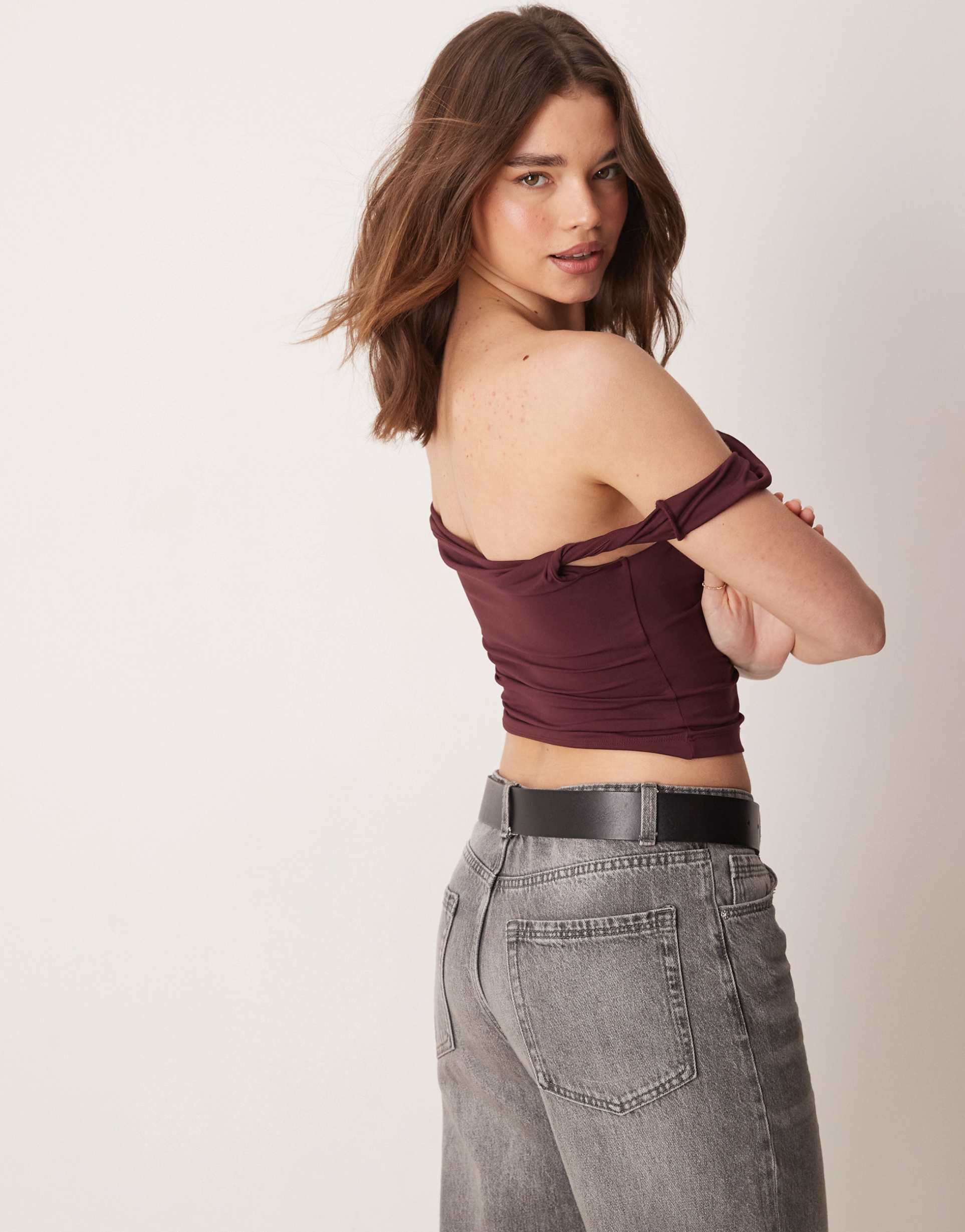 asos design twist strap top in plum
