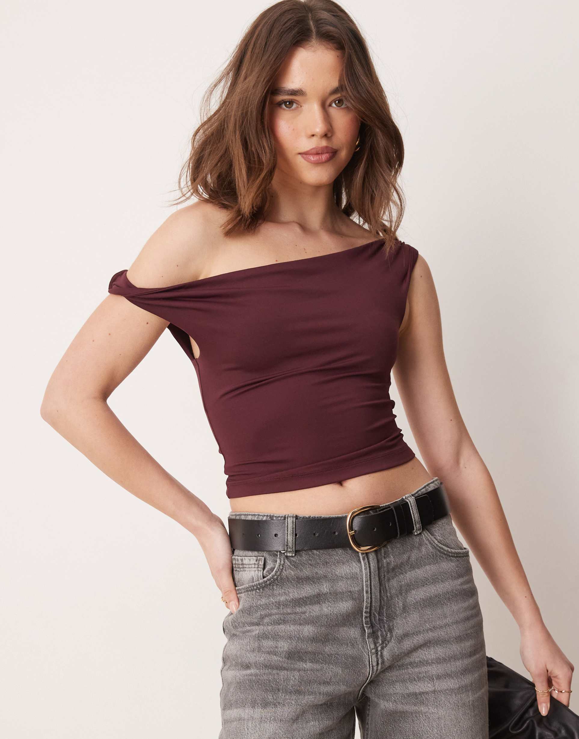 asos design twist strap top in plum