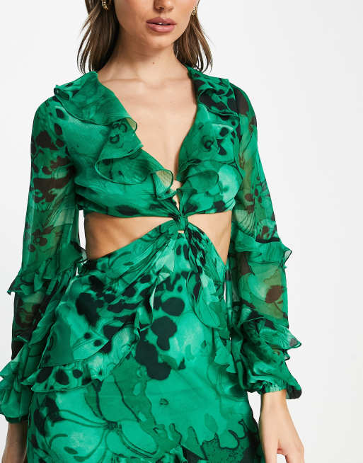 ASOS DESIGN twist waist cut out maxi dress with ruffle detail in green  watercolor floral print