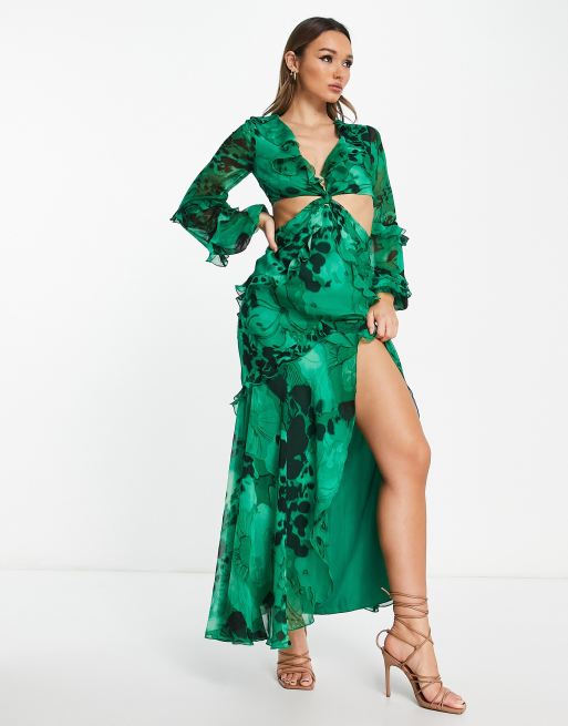 ASOS DESIGN twist waist cut out maxi dress with ruffle detail in green  watercolor floral print