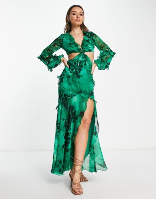 ASOS DESIGN twist waist cut out maxi dress with ruffle detail in green watercolour floral print