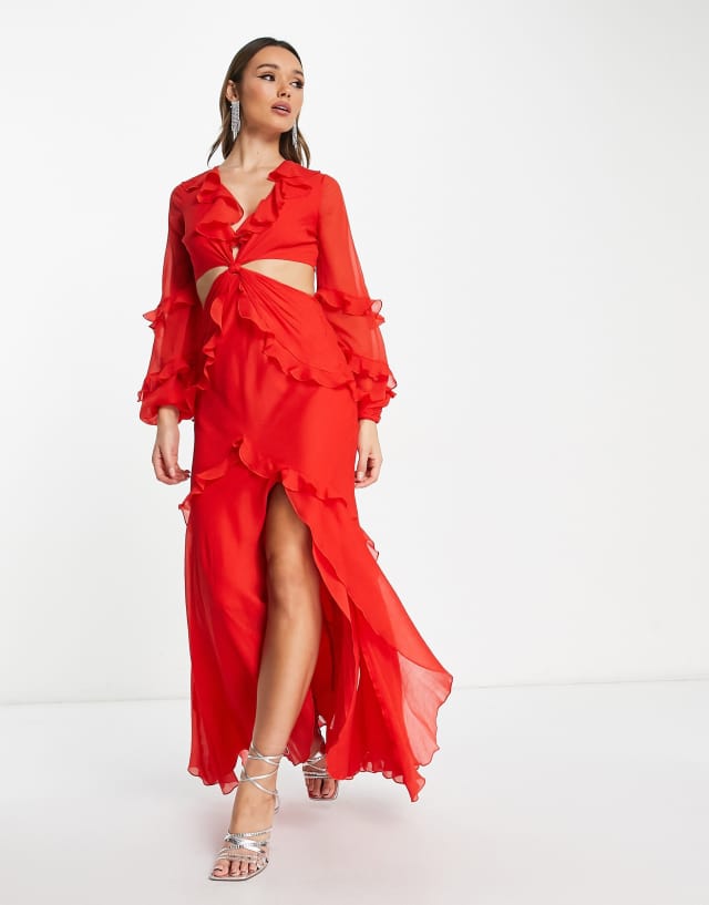 ASOS DESIGN twist waist cut out maxi dress with ruffle detail in red