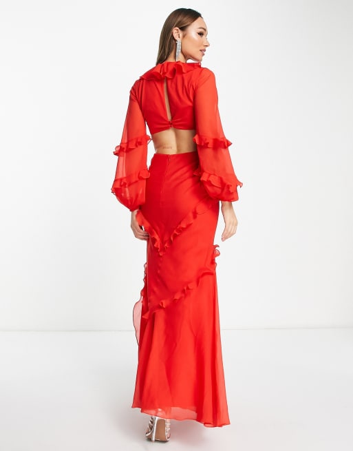 ASOS DESIGN twist waist cut out maxi dress with ruffle detail in