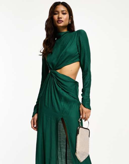 ASOS DESIGN twist waist maxi dress with high neck in green