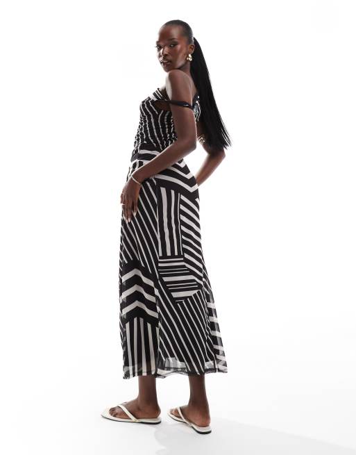 ASOS DESIGN twisted asymmetric shoulder mesh midi dress in mono stripe |  ASOS